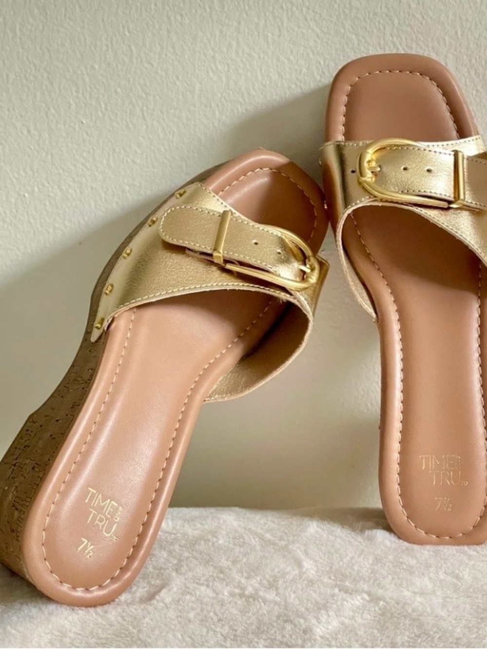 Time and Tru Metallic Gold Buckle Wedge Sandals with Cork Heels
